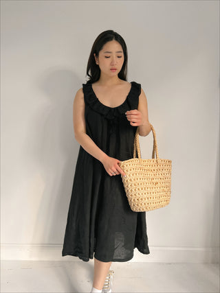 Vintage Black Linen Dress with Ruffled Collar