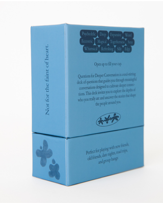 Back and side of Fill Your Tank card deck box showing product description, word cloud of descriptive terms like Psychedelic, Deep, Magical, and tagline 'Not for the faint of heart'
