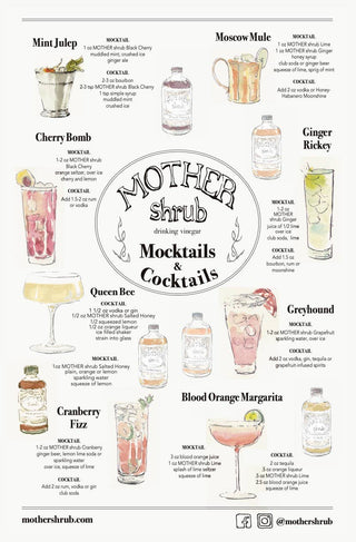 Cocktail recipe card showing 12 different drink recipes using MOTHER shrub including Mint Julep, Moscow Mule, Cherry Bomb, and mocktail options