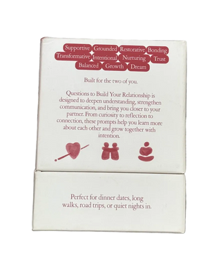 Back of card deck box showing descriptive text including words like Supportive, Grounded, Restorative, Bonding, Trust, and three red icons representing connection