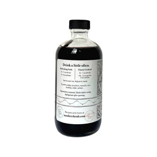 Front view of MOTHER shrub Black Cherry 8oz bottle showing decorative vintage label with usage instructions on white background