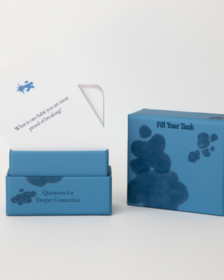 Open blue card box displaying white question card reading 'What is one habit you are most proud of breaking?' with decorative star person token