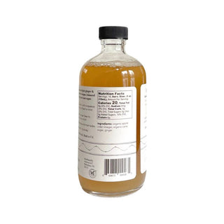 Nutrition facts panel and ingredients label on MOTHER shrub Ginger 8oz bottle showing 20 calories per serving