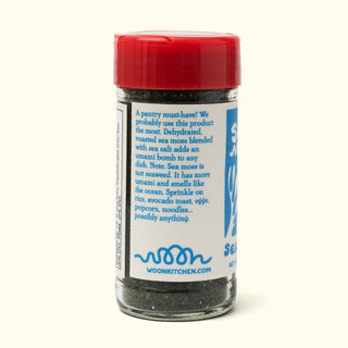 Woon Sea Moss Seasoning jar back label showing product description and usage suggestions for rice, avocado toast, eggs, and noodles