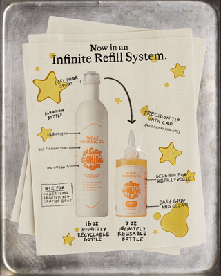 Hand-drawn refill system diagram showing 16oz aluminum bottle and 7oz squeeze bottle with annotations for features including 535°F smoke point and omega-9 content