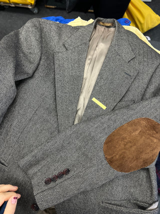 Vintage Grey Herringbone Dad Blazer with Brown Elbow Patches