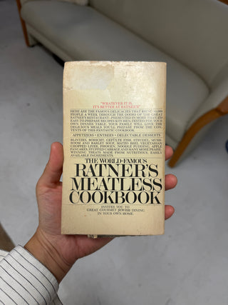 Back cover of Ratner's Meatless Cookbook showing description text about Jewish dining and gourmet recipes from the famous restaurant