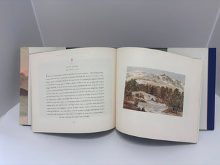 Interior spread of Prince of Wales Watercolours book showing Brig O'Dee text page and landscape watercolour illustration