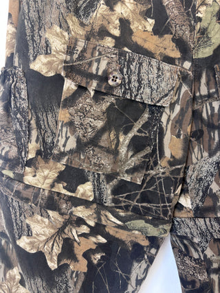 Close-up detail of buttoned cargo pocket with tree bark camouflage pattern