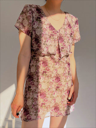 Vintage Sheer Layered Floral Print Mini Dress