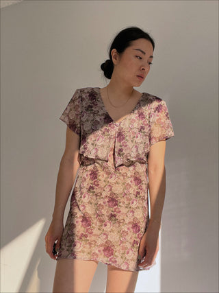 Vintage Sheer Layered Floral Print Mini Dress