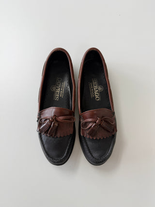 Vintage Sebago Black/Brown Leather Tassel Loafers in Size 7