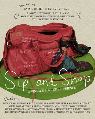 Promotional poster for a 'Sip and Shop' event featuring a red vintage handbag and shoes on a green base.