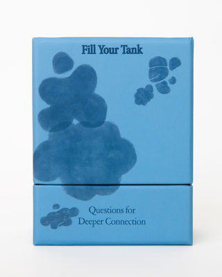Fill Your Tank Questions for Deeper Connection blue card deck box set stacked, showing abstract blob illustrations on packaging