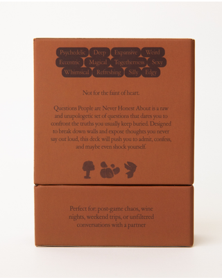 Back of Questions People Are Never Honest About game boxes showing descriptive words like Psychedelic, Deep, Expansive, Weird, Magical, Sexy and product description