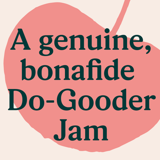 Pink graphic with text 'A genuine, bonafide Do-Gooder Jam' and cherry illustration from Habitat Farms branding