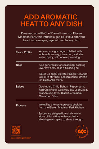 Product information card showing flavor profile, uses, spices, and process for Gochugaru Chili Oil on dark brown background