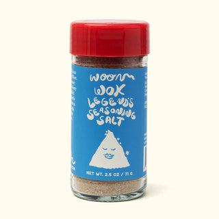 Woon Wok Legend's Seasoning Salt glass jar with blue label and red cap, front view showing triangle mascot logo