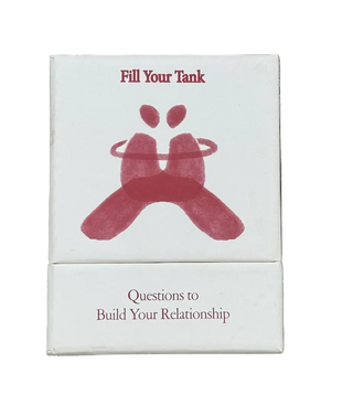 Questions to Build Your Relationship card deck box with red illustration of two figures embracing and Fill Your Tank branding on white background