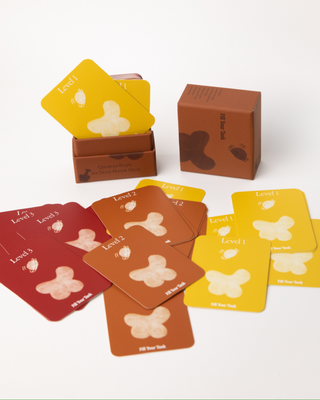 Full Questions People Are Never Honest About card deck spread showing color-coded levels: yellow Level 1, orange Level 2, and burgundy Level 3 cards with both boxes displayed
