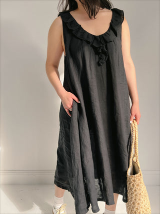 Vintage Black Linen Dress with Ruffled Collar